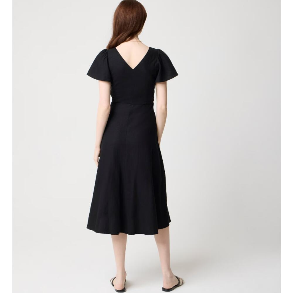 J.Crew Linen-Blend Midi Dress Womens 4 Black Flutter Short Sleeve V-Neck A-Line - Picture 2 of 7